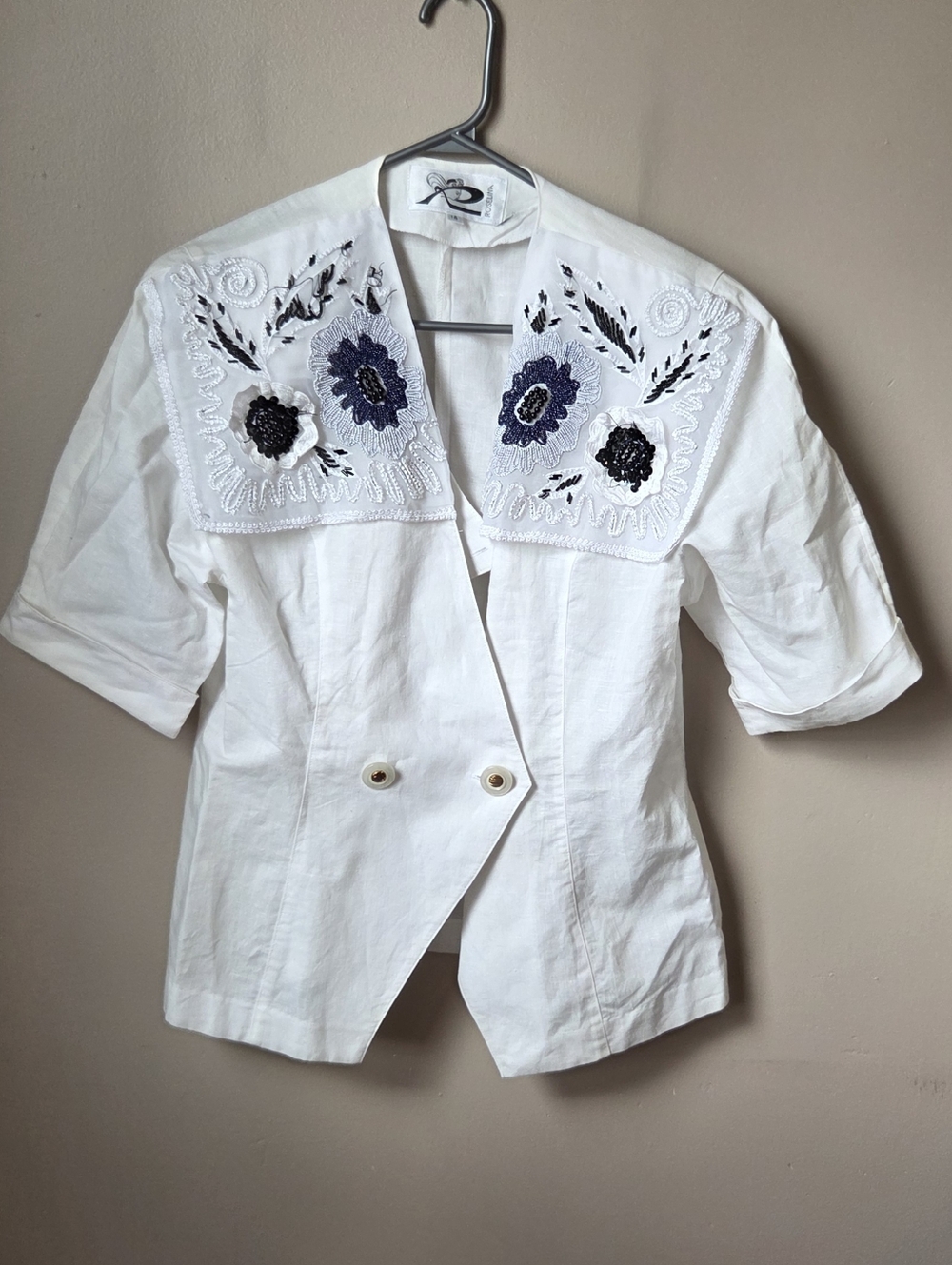 Vintage White Embroidered Collared Shirt with Navy & Black Floral Detail